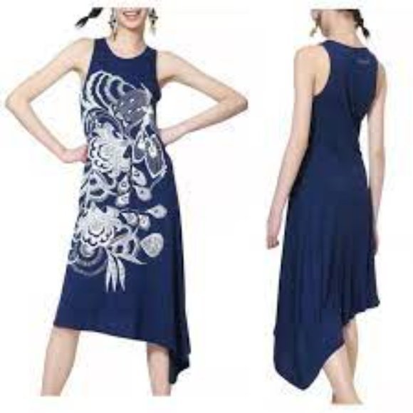 Desigual Blue Vest Wakiut‎ Asymmetrical Floral Sleeveless High Low Dress - Picture 2 of 3